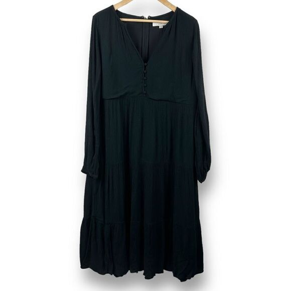 Loft Women's Size M Long Sleeve Button Front Crepe Texture Swing Dress Black - Picture 1 of 14